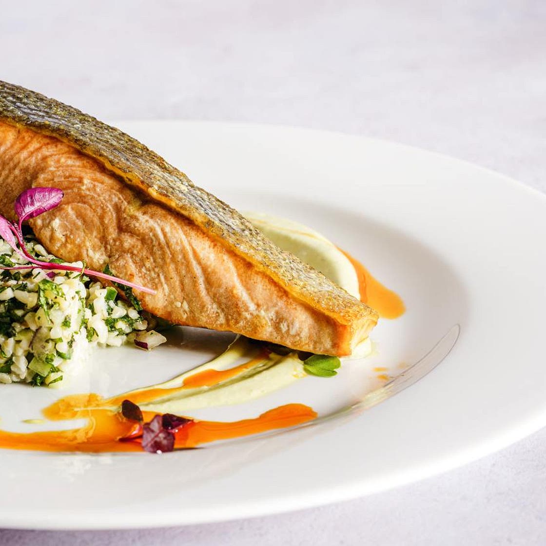 Garlic Glazed Salmon, Accompanied with Wild Rice + Sauteed Brussel Sprouts