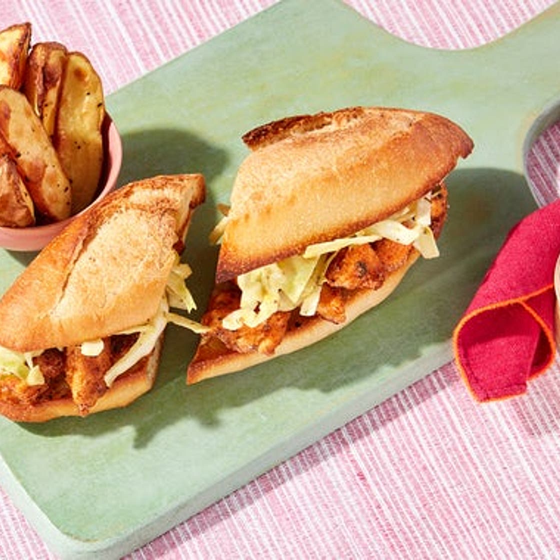 New Orleans-Inspired Chicken Po’ Boys with Roasted Potato Wedges & Spiced Mayo