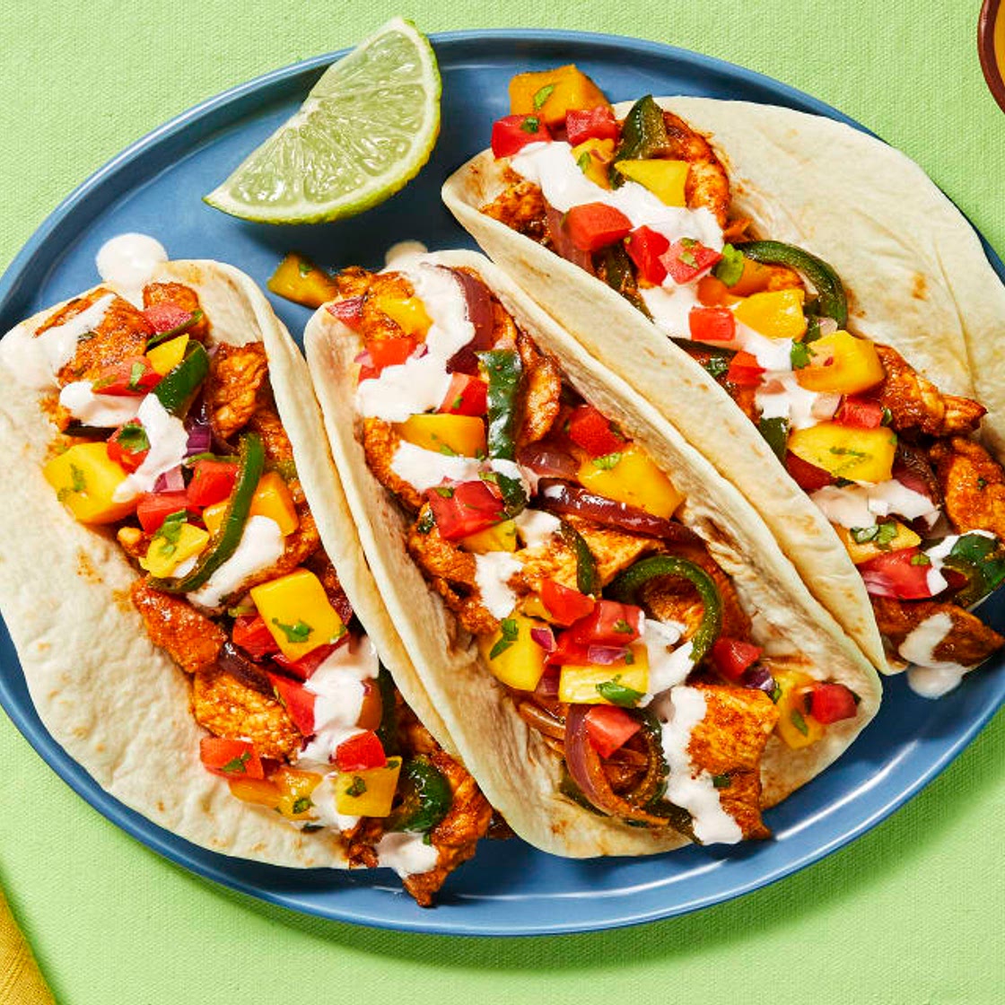 Mango Tango Chicken Tacos with Hot Sauce Crema