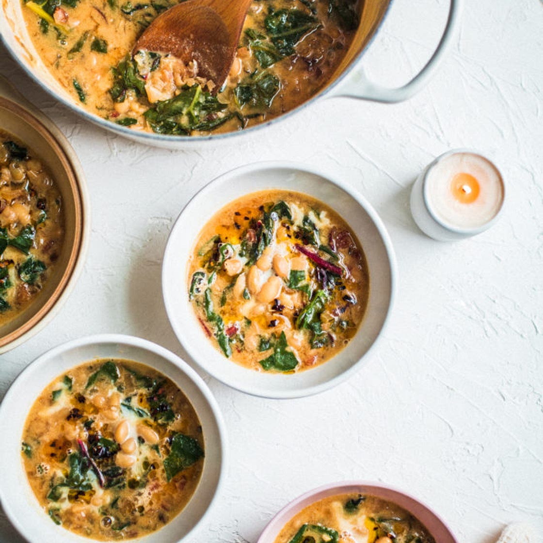 One Pot Creamed Beans and Greens with Chili Oil