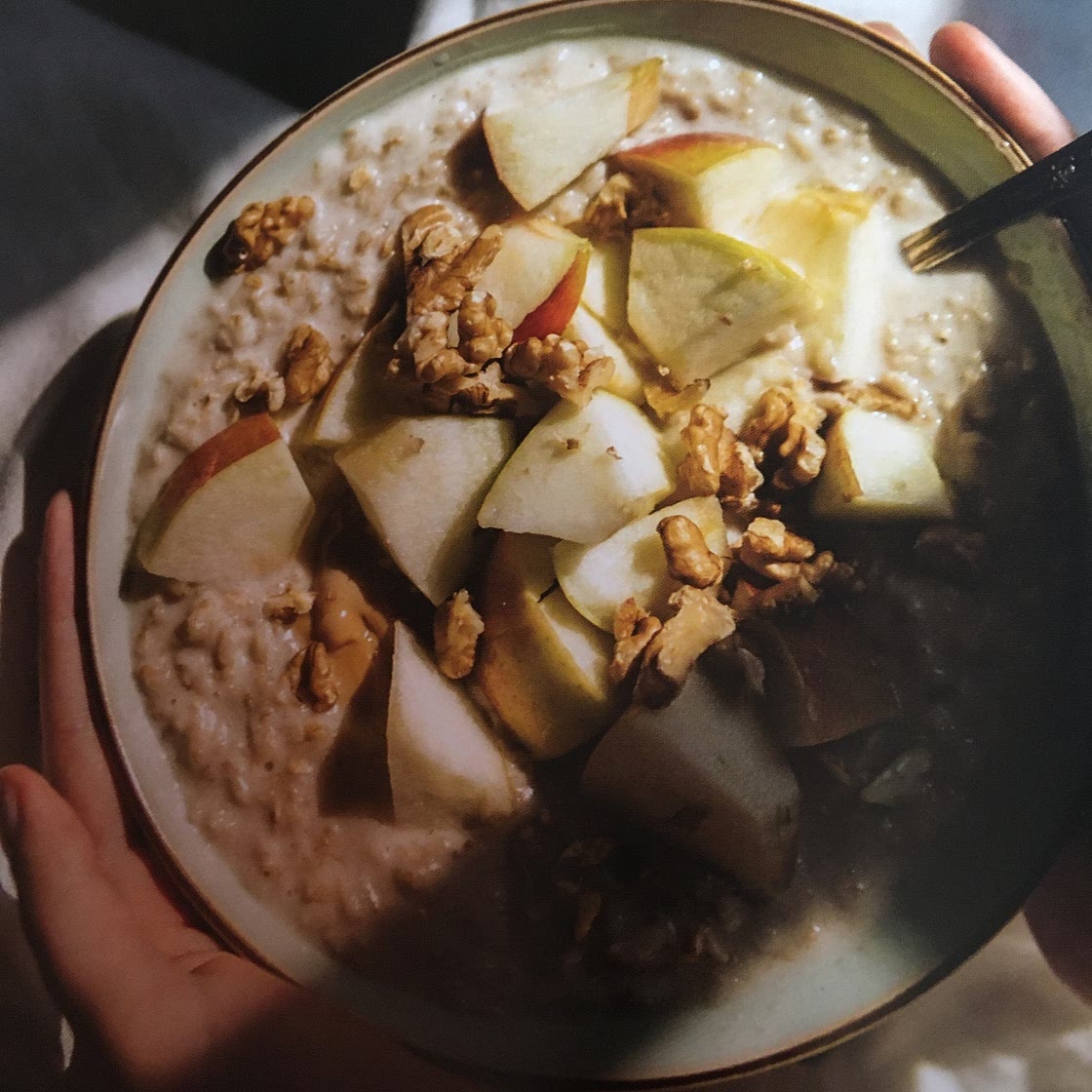 Creamy Oatmeal, with Kajmak, Apple, and Walnuts