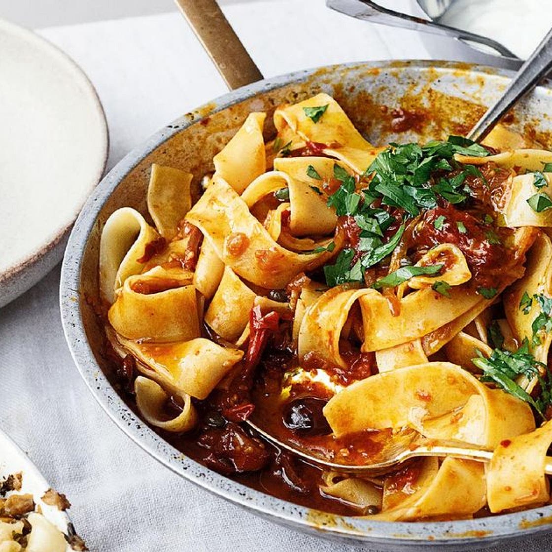 Yotam Ottolenghi's Pappardelle with Rose Harissa, Black Olives and Capers