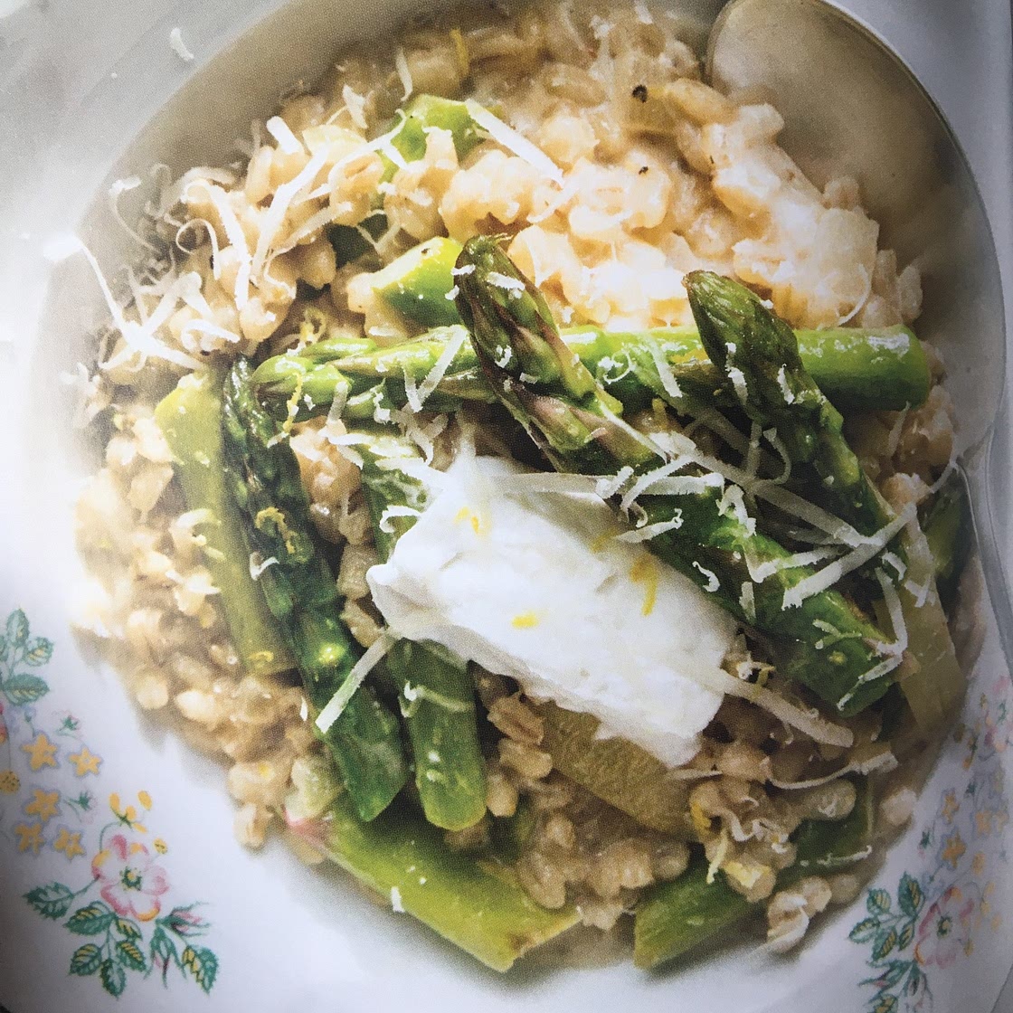 Barley risotto with Asparagus, Cider, and Goat Cheese