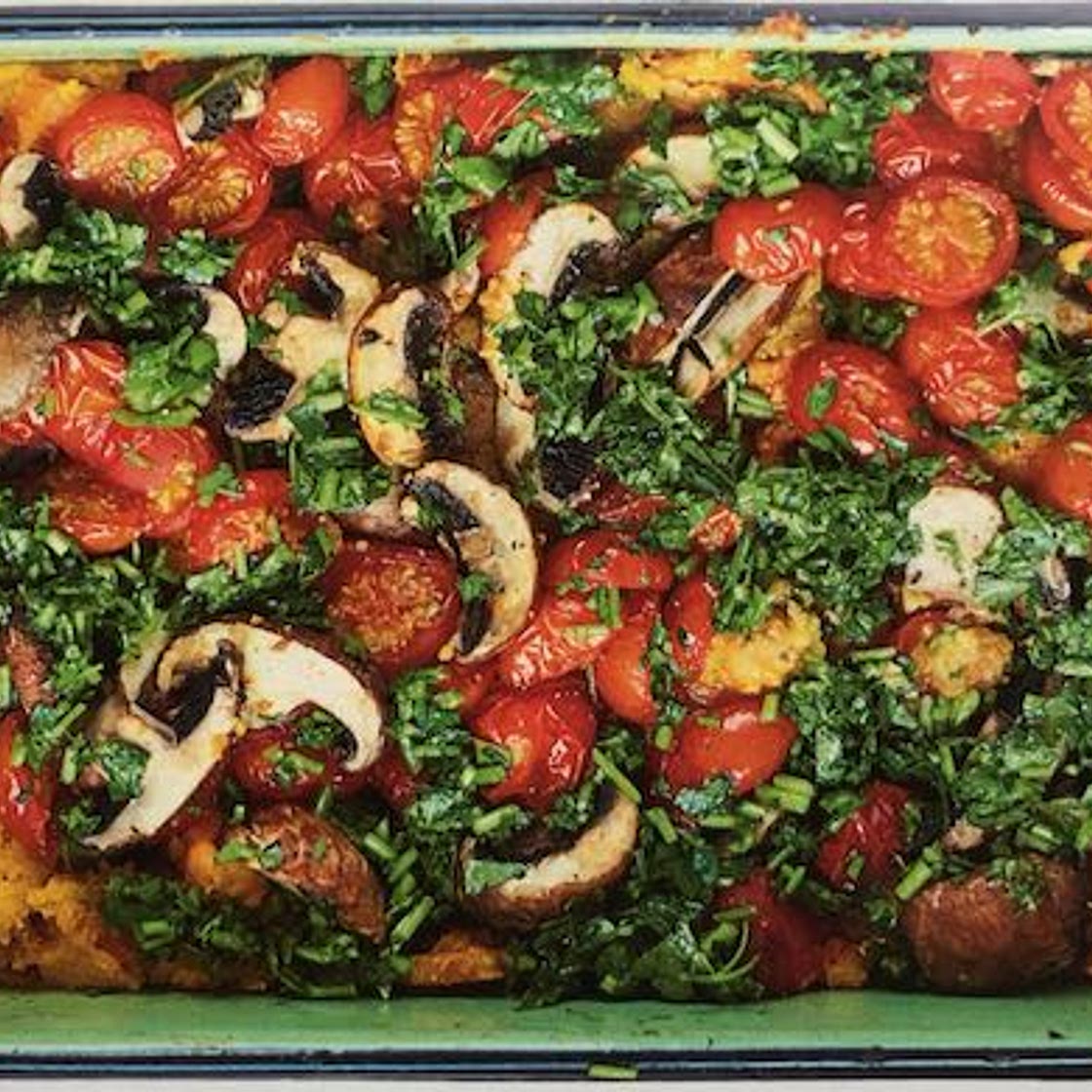 Warming Sweet Potato and Mushroom Polenta with Tomatoes