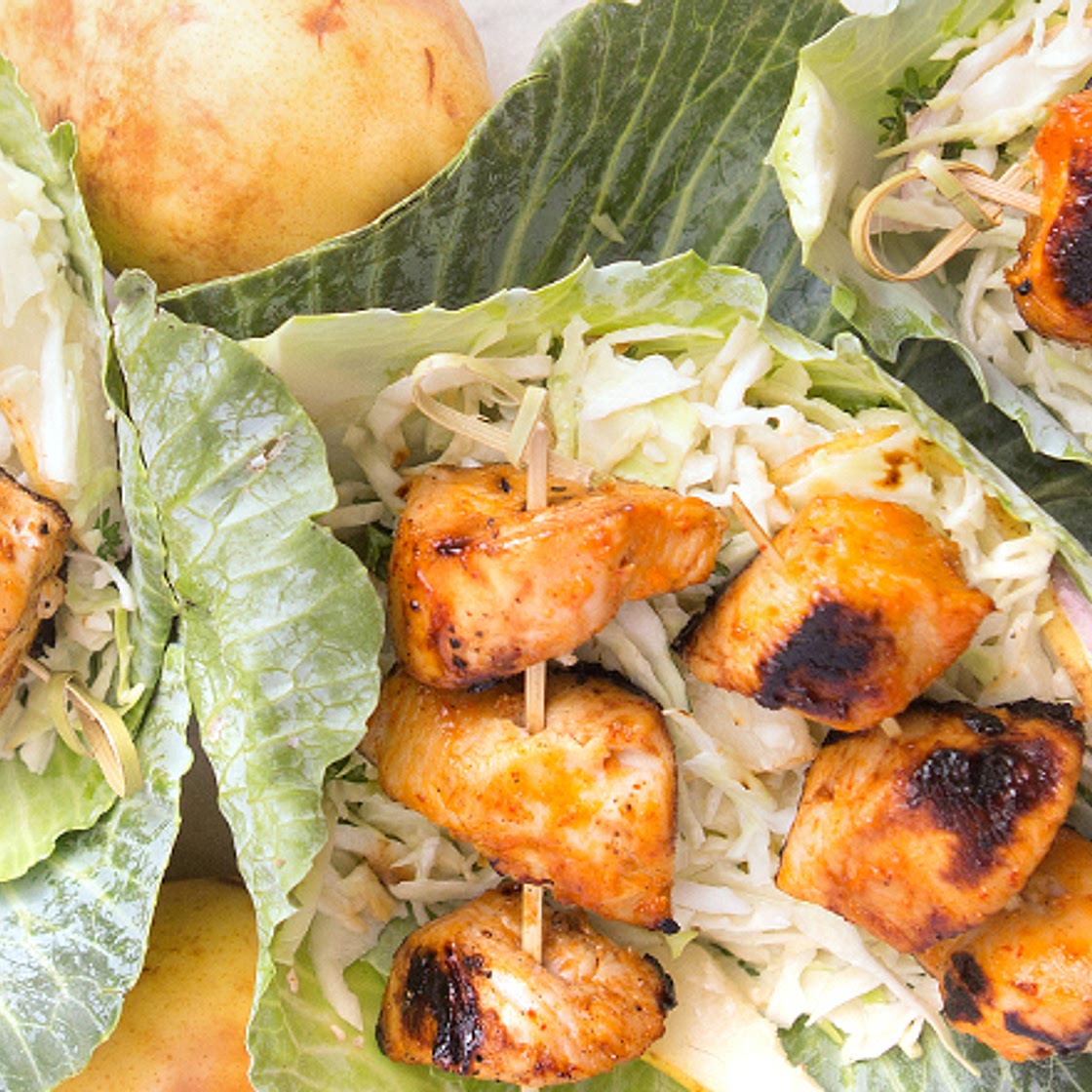 Sriracha-Grilled Chicken Skewers with Pear-Cabbage Slaw | Paleo Magazine
