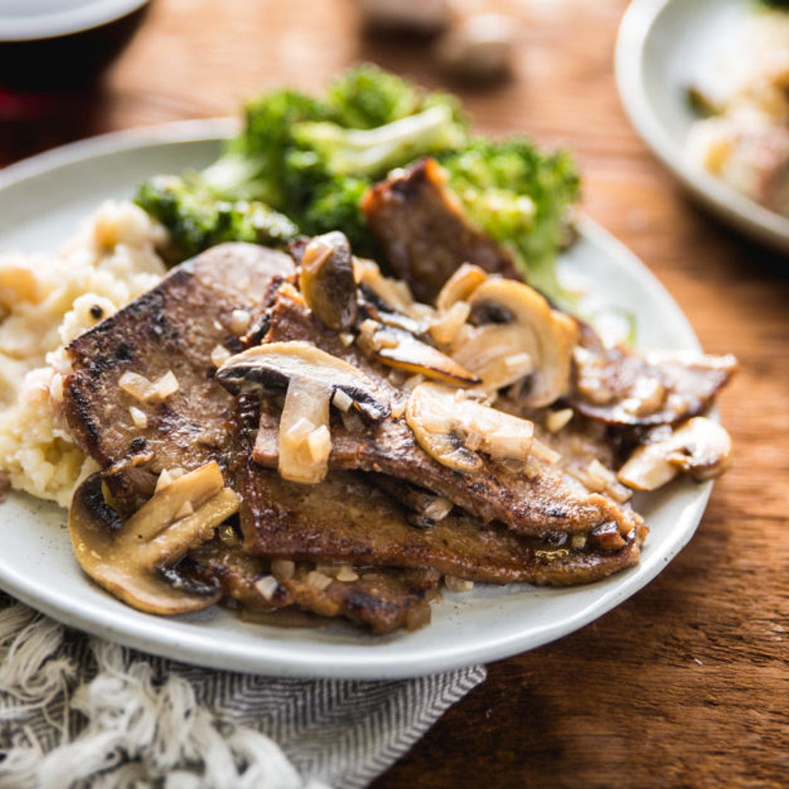 WICKED HEALTHY SEITAN MARSALA WITH SMASHED POTATOES AND BROCCOLI