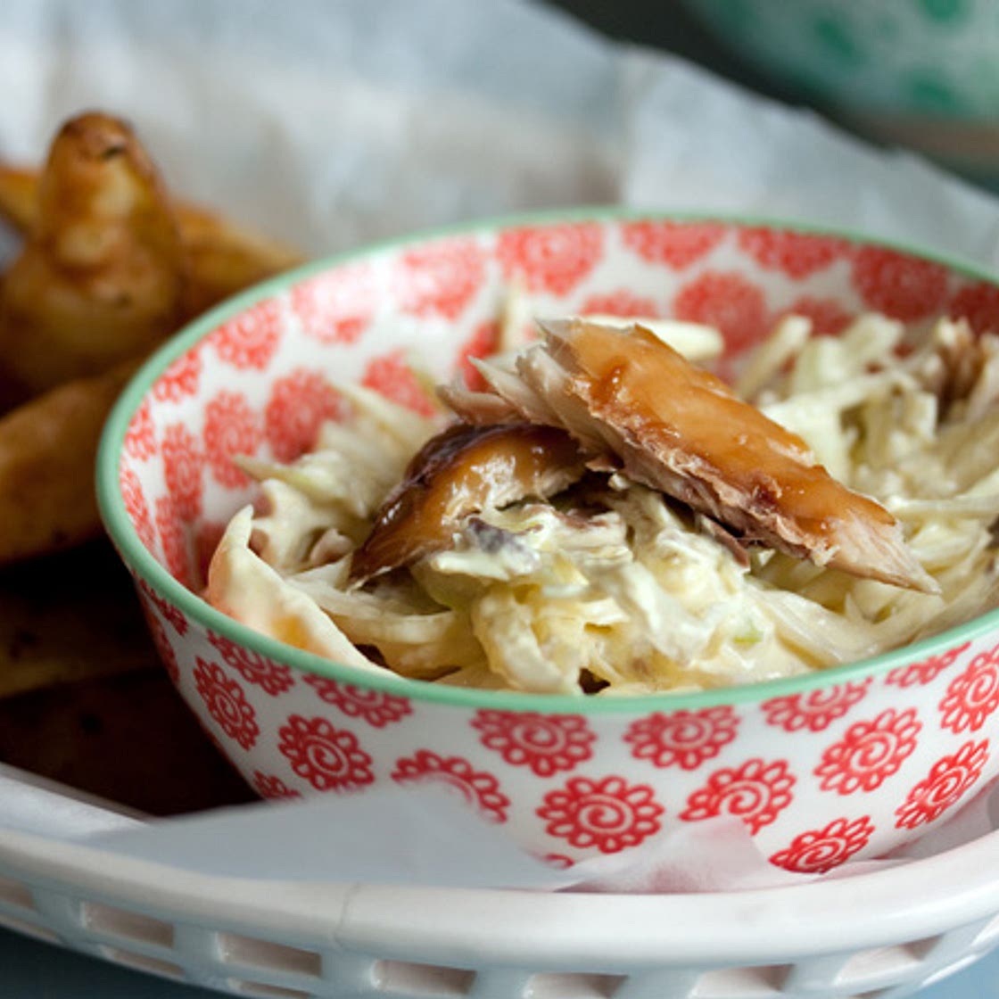 Smoked mackerel and cabbage slaw with potato wedges
