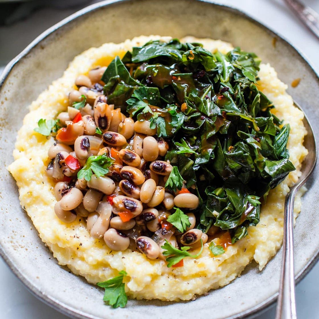 Black Eyed Peas with Smoky Collards and Cheesy Grits