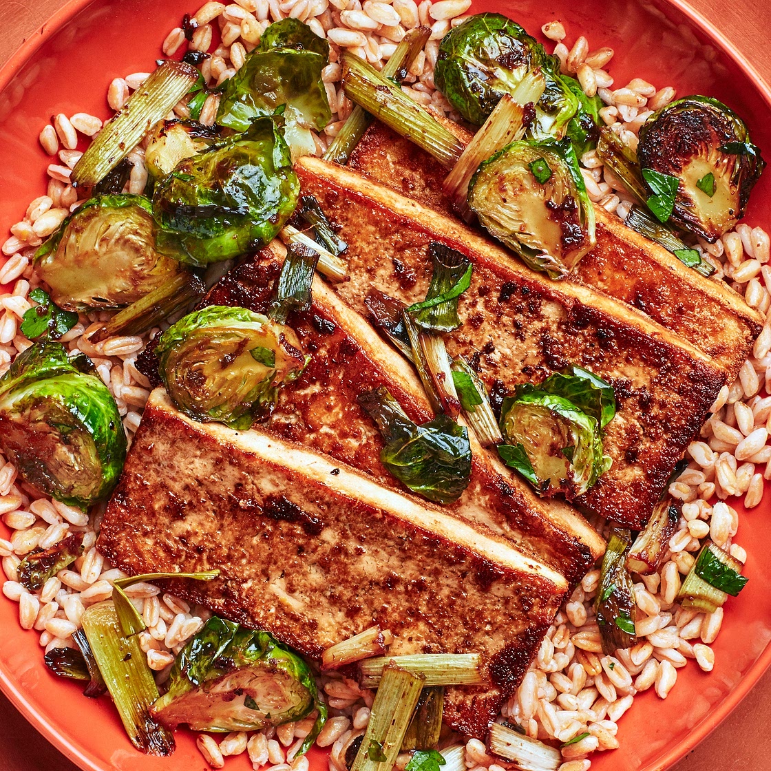 Marinated Tofu With Brussels Sprouts and Farro