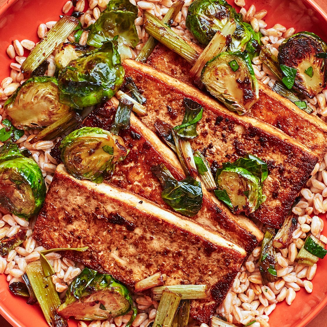 Marinated Tofu With Brussels Sprouts and Farro