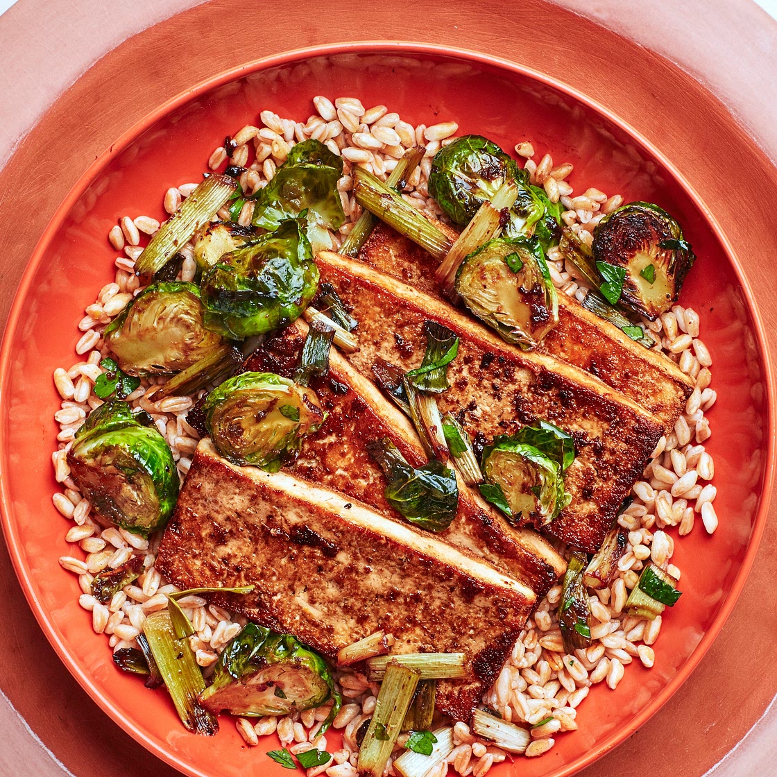 Marinated Tofu With Brussels Sprouts and Farro