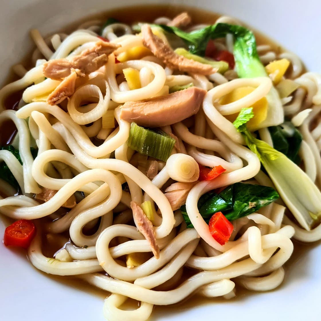 Chinese-style Chicken Noodle Soup in home-made stock