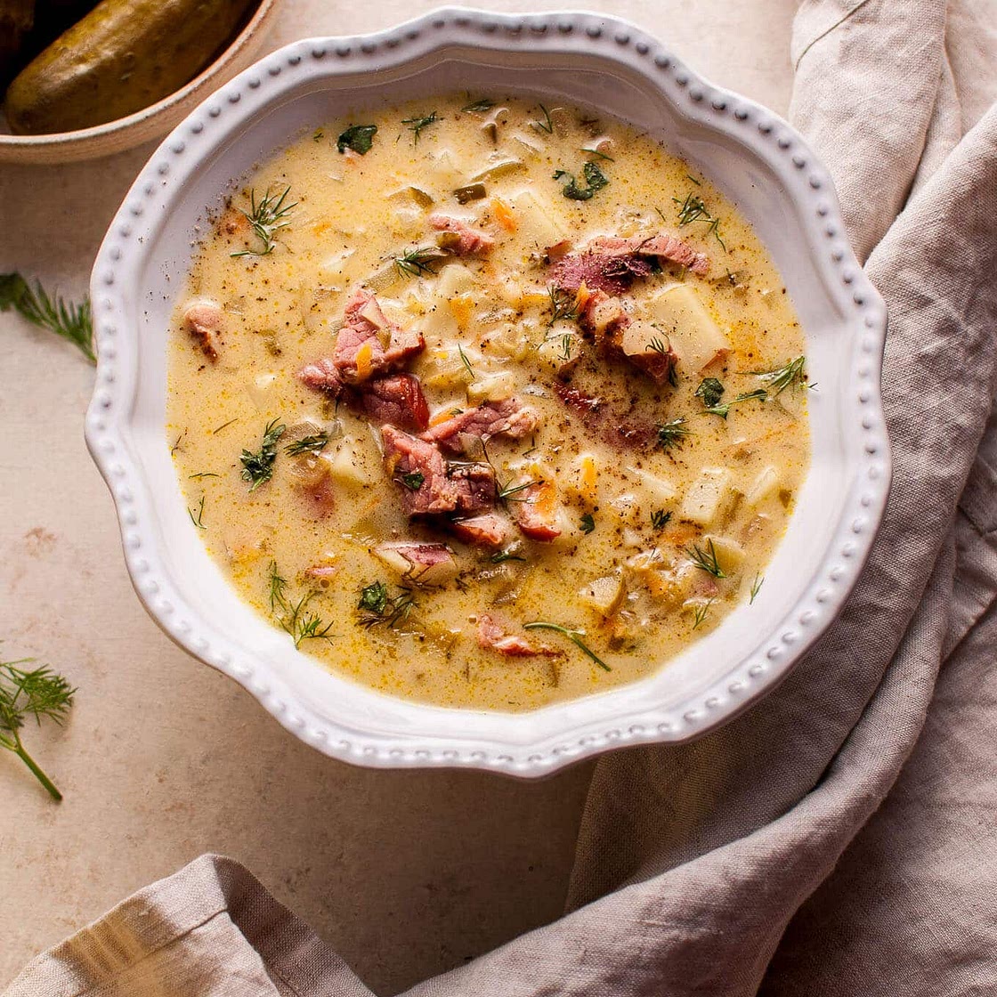 Polish Dill Pickle Soup with Smoked Ham