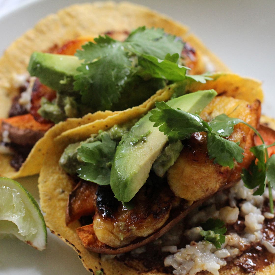 ROASTED SWEET POTATO, PLANTAIN & CACAO MOLE TACOS