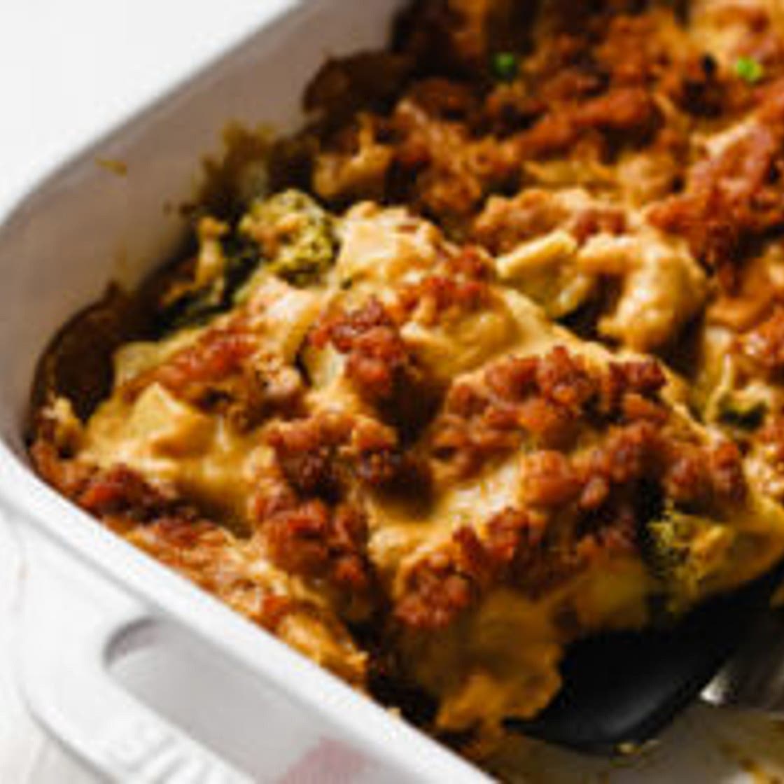Vegan Broccoli Potato Casserole with Tempeh Sausage