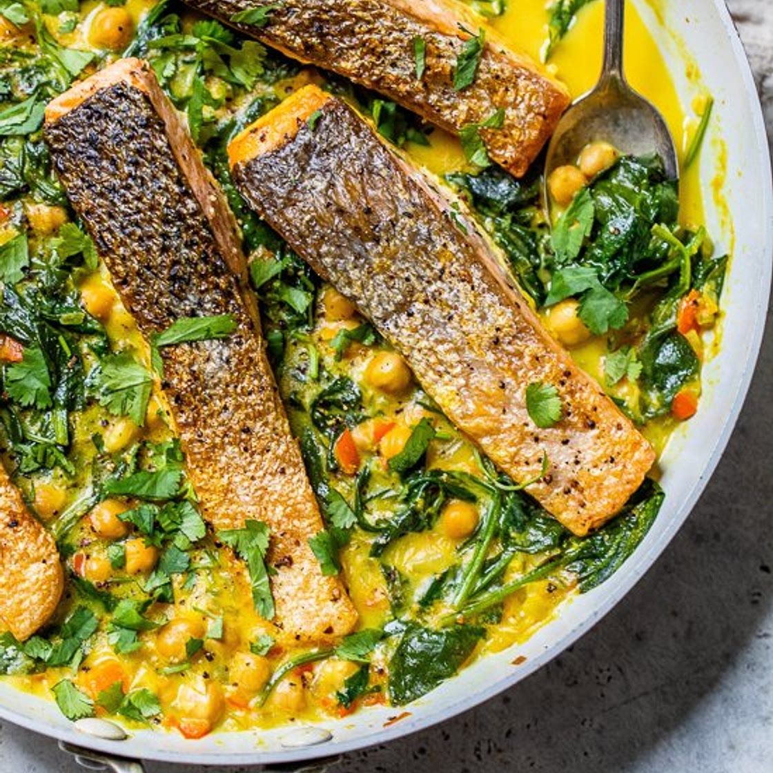 Salmon Coconut Curry with Spinach and Chickpeas