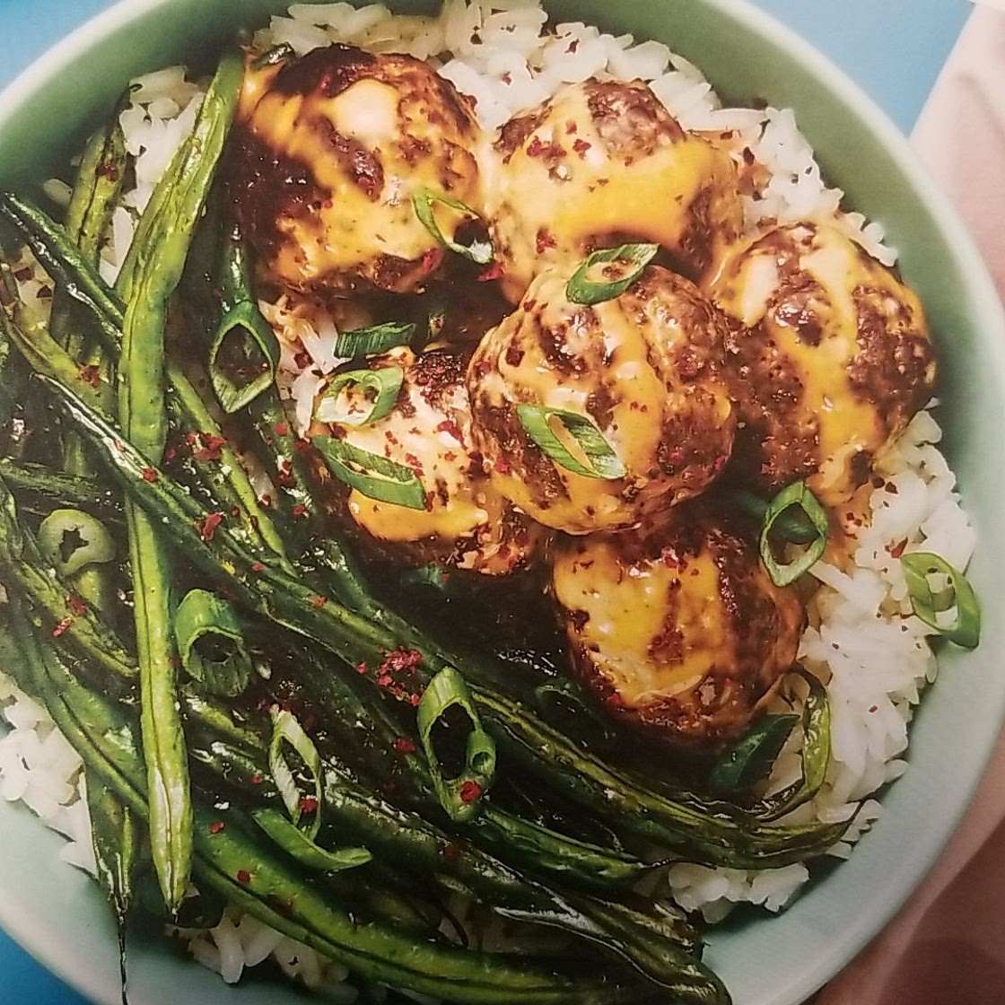 Firecracker Meatballs with Roasted Green Beans & Jasmine Rice