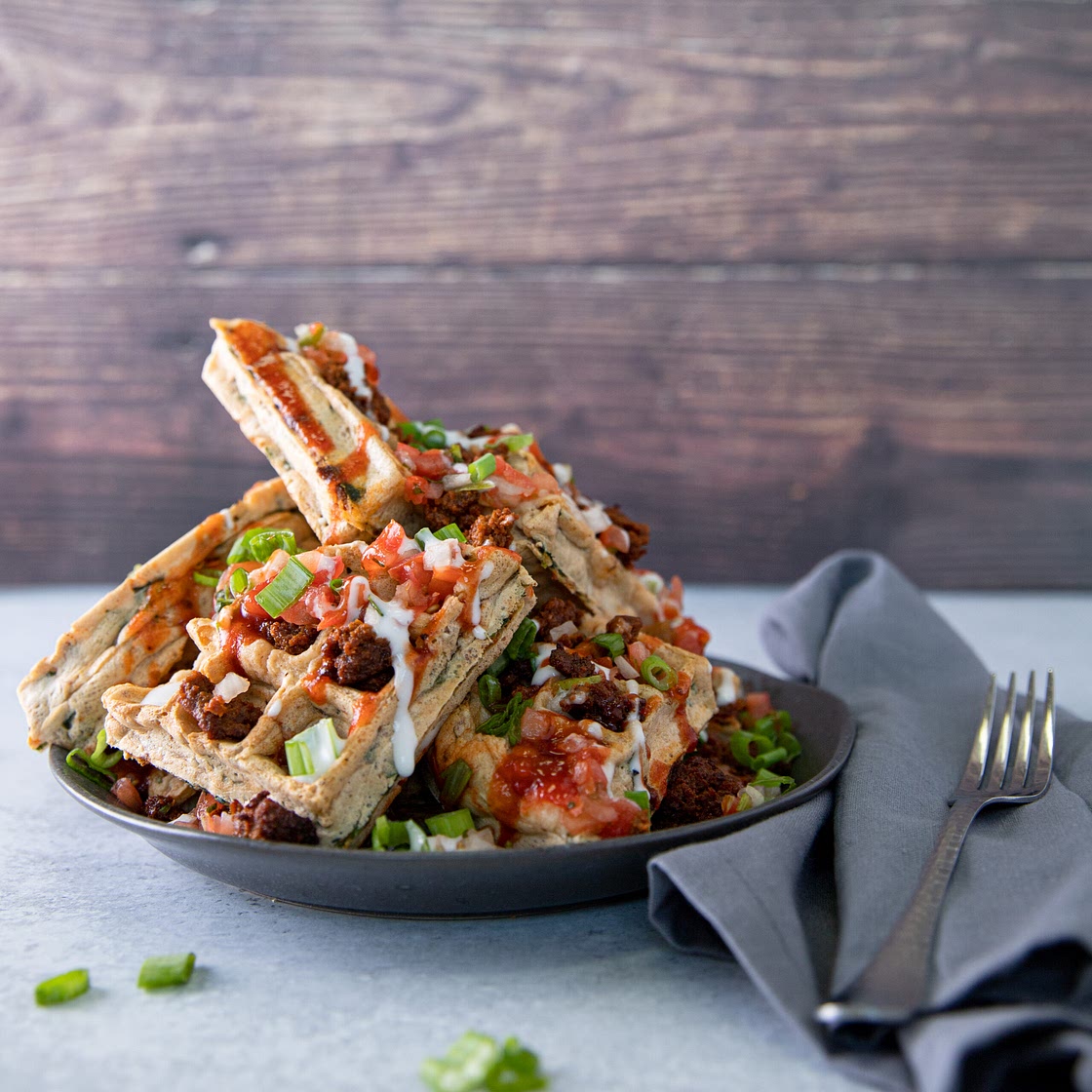 'Chorizo', Smoked Gouda, & Spinach Waffles | No Evil Foods