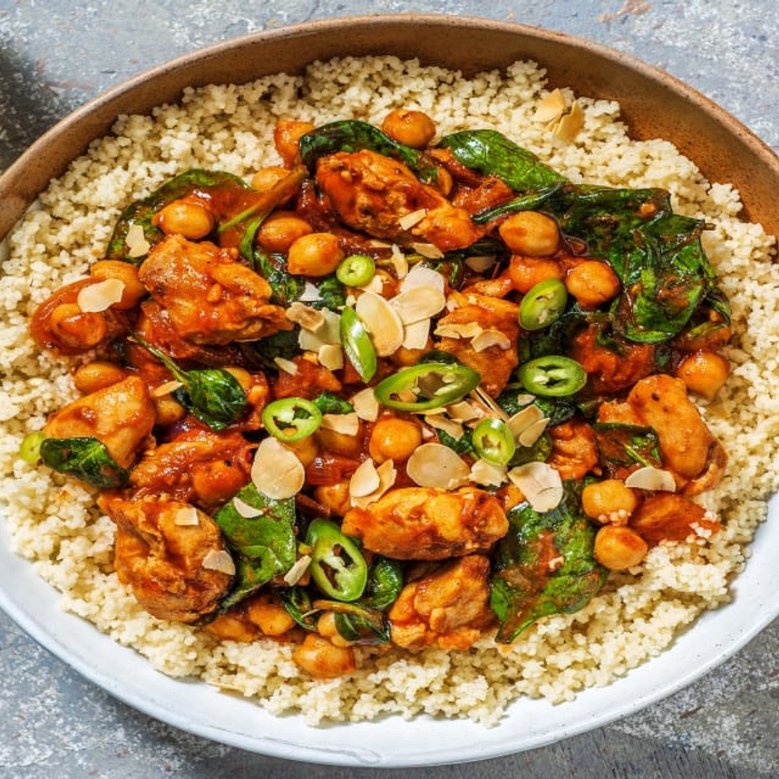 Chicken and Chickpea Tagine Style Stew with Flaked Almonds and Couscous