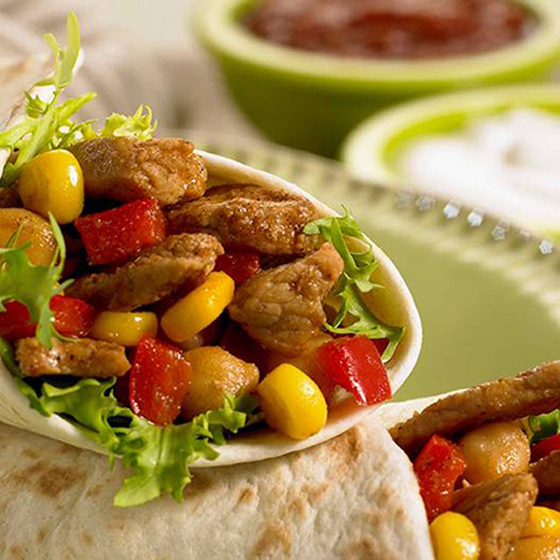 Smoky Pork, Corn & Chickpea Fajitas