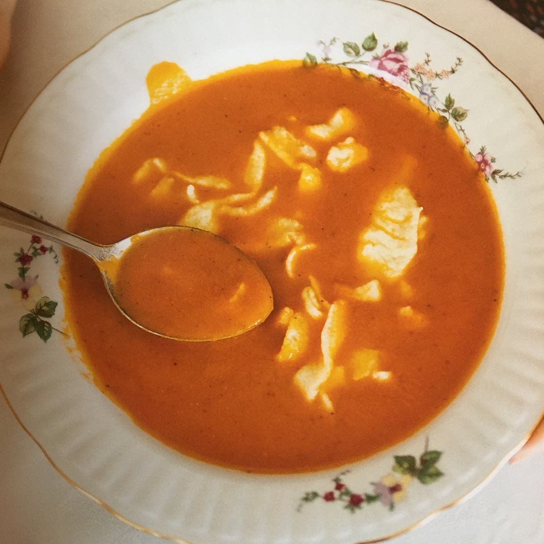 Tomato-Apple Soup with “Poured Noodles”