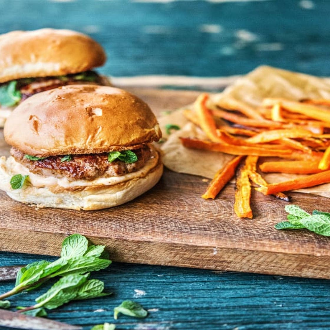 Lemongrass Pork Burgers with Carrot Fries and Sriracha Mayo