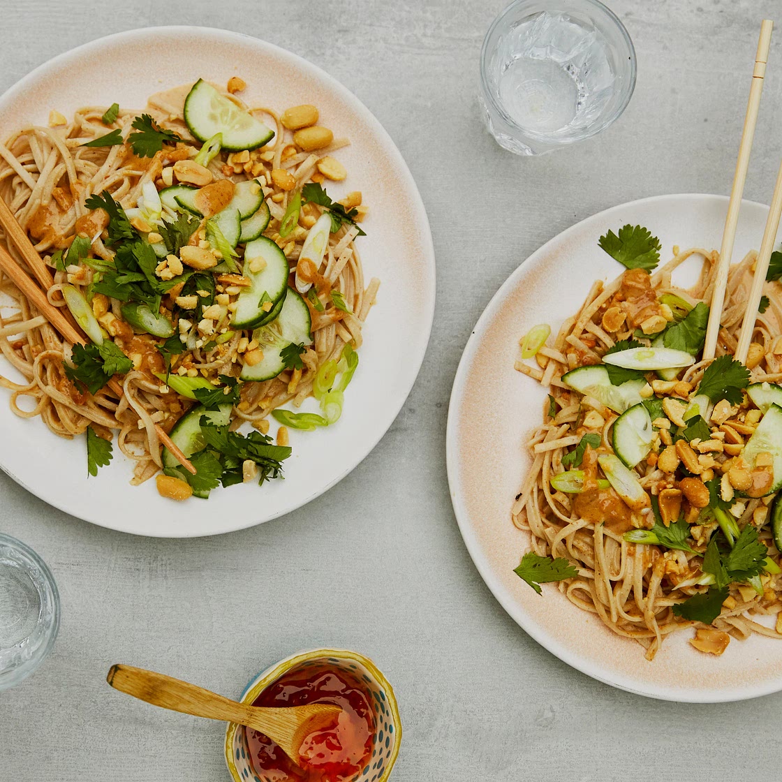 Peanut butter brown rice noodles with cucumber and ­­spring onions recipe