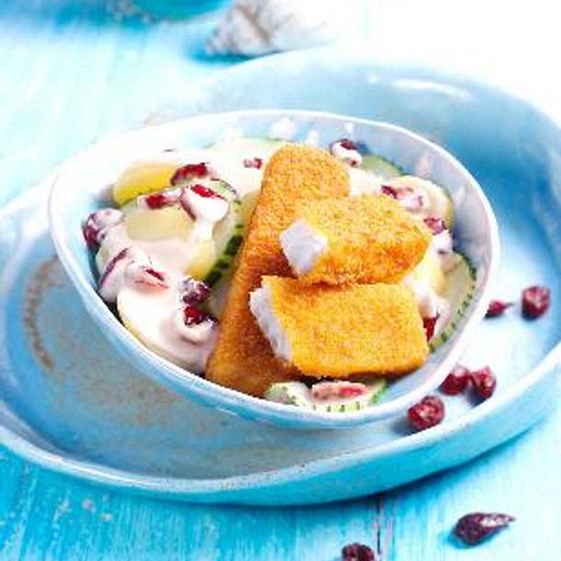 Cranberry-Kartoffelsalat mit Fischstäbchen (für Kinder)