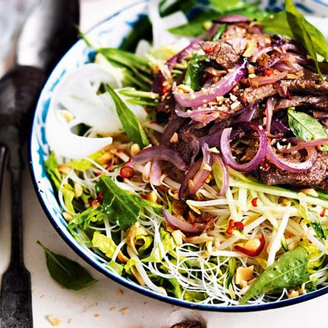 Vietnamesische Bowl mit Reisnudeln und Rind
