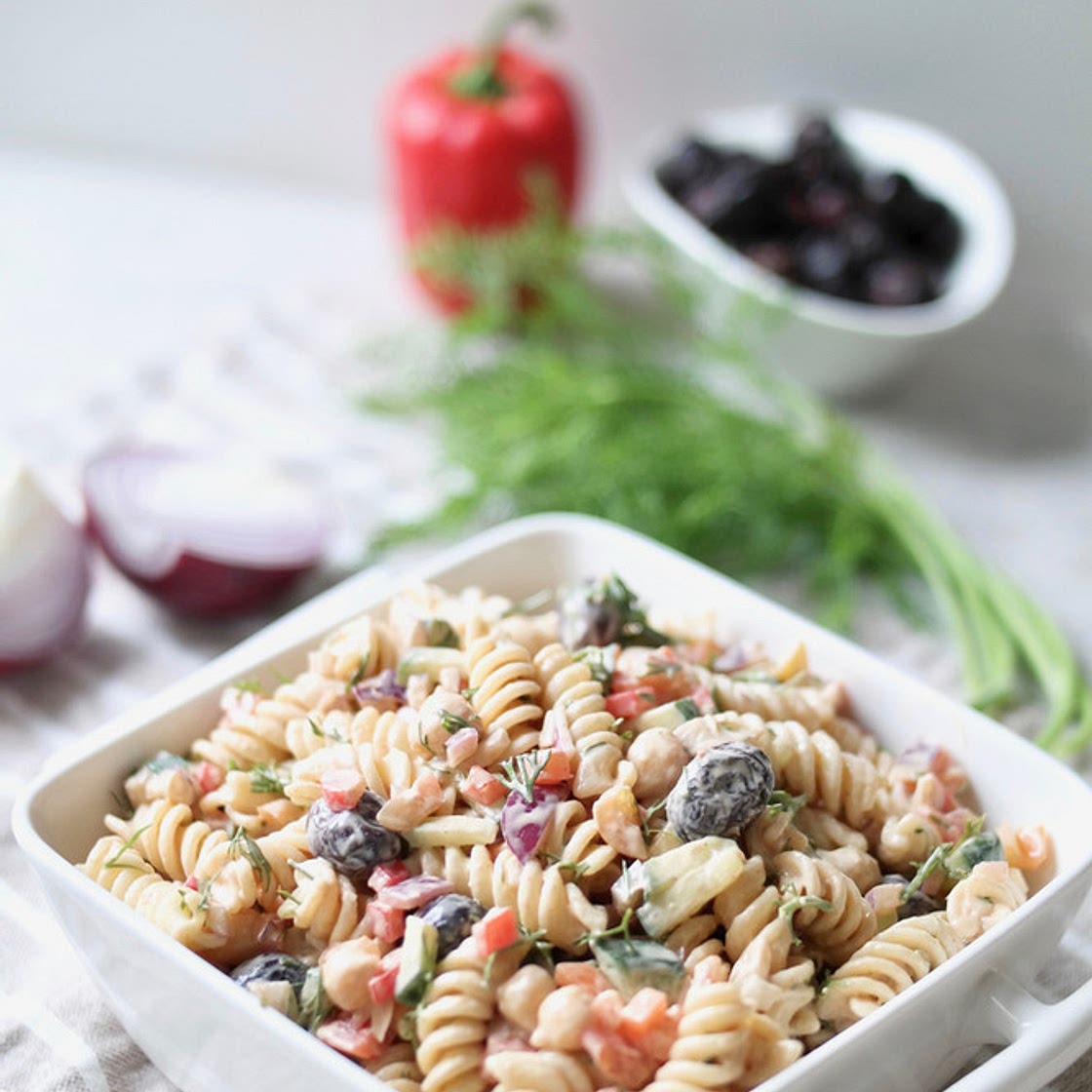 Mediterranean Dill Pasta Salad with Tahini Vinaigrette Dressing