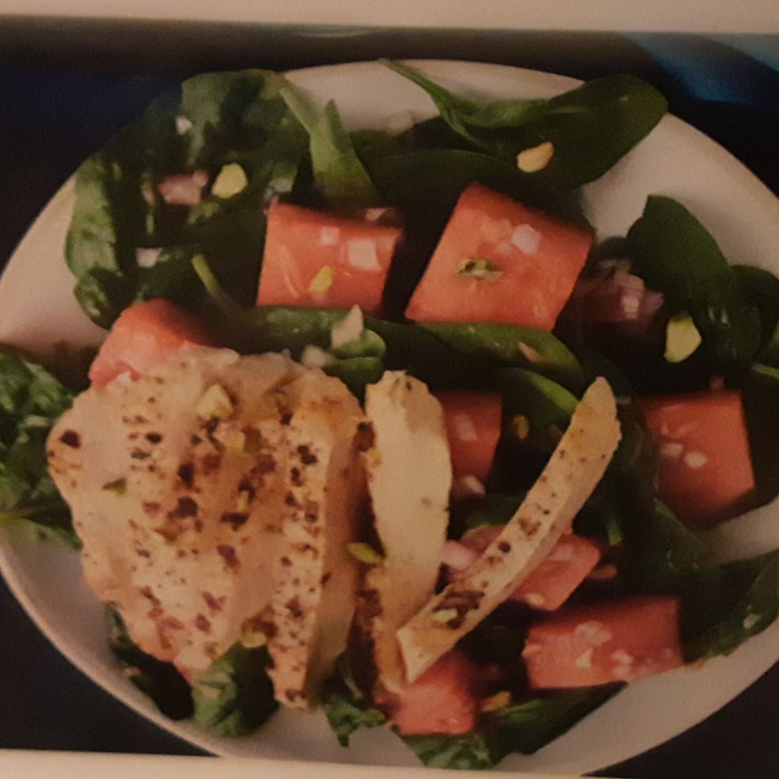 Spicy Seared Chicken with Watermelon- Spinach Salad