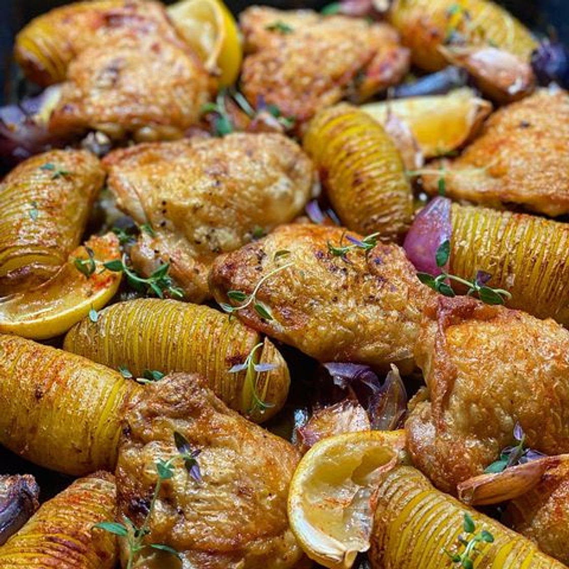 Lemon and garlic chicken and hassle back tray bake 