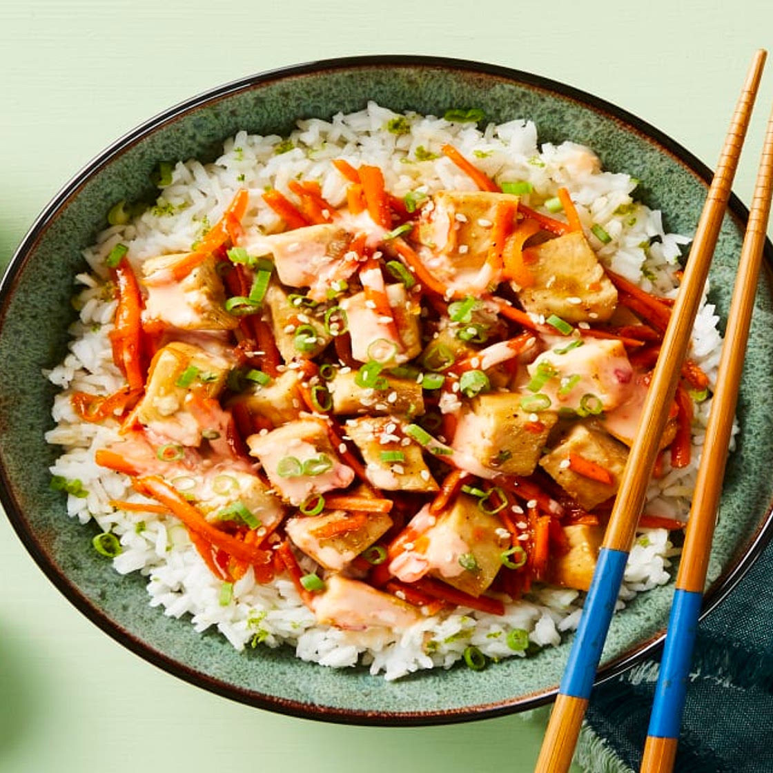 Saucy Sesame Chicken Stir-Fry with Lime Rice & Sriracha Lime Mayo