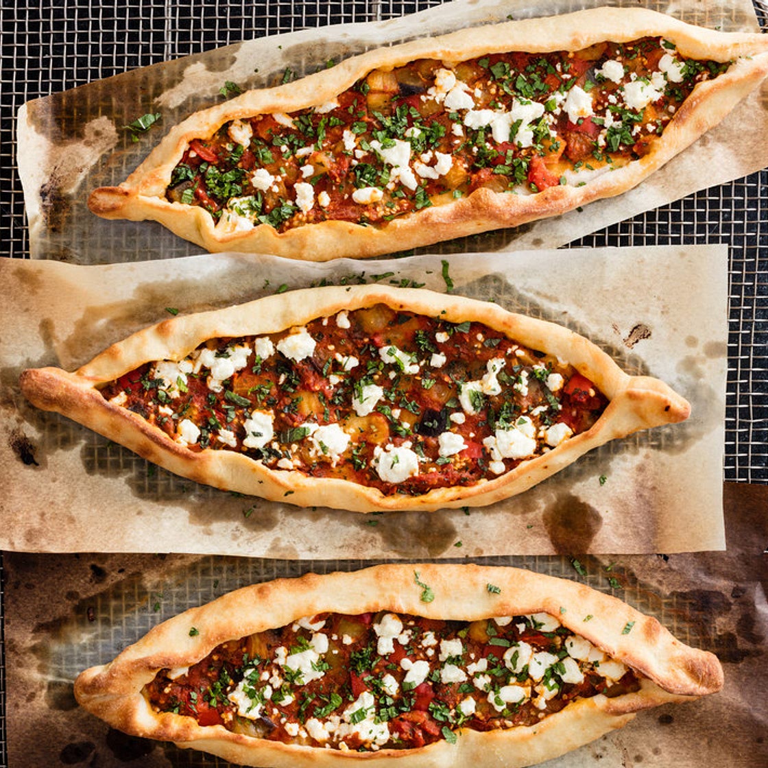 Vegan Turkish Flatbread with Eggplant & Tomatoes