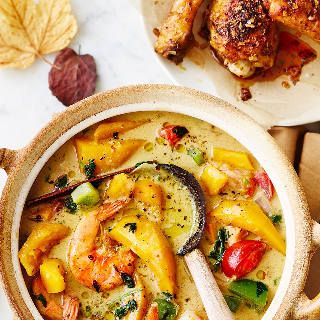 Kürbis-Garnelen-Eintopf mit Jerk Chicken