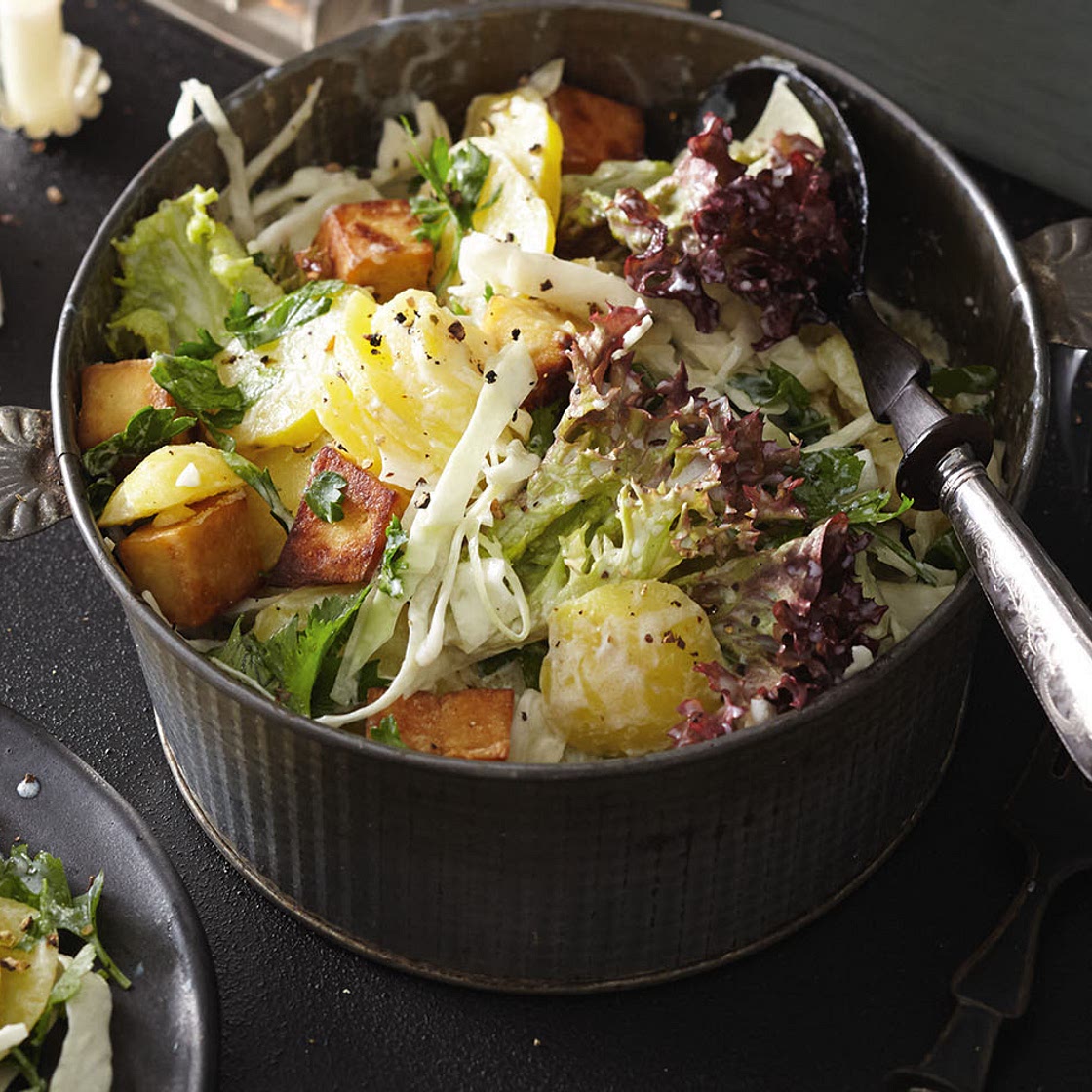 Veganer Kohl-Erdäpfelsalat mit Lollo Rosso und Tofu