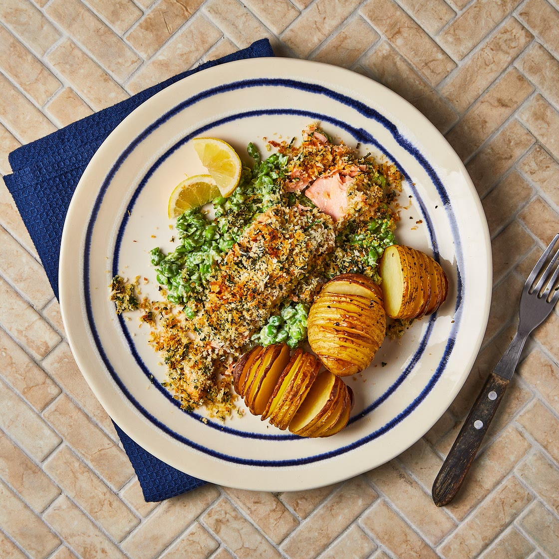 Herb-Crusted Salmon With Hasselback Potatoes