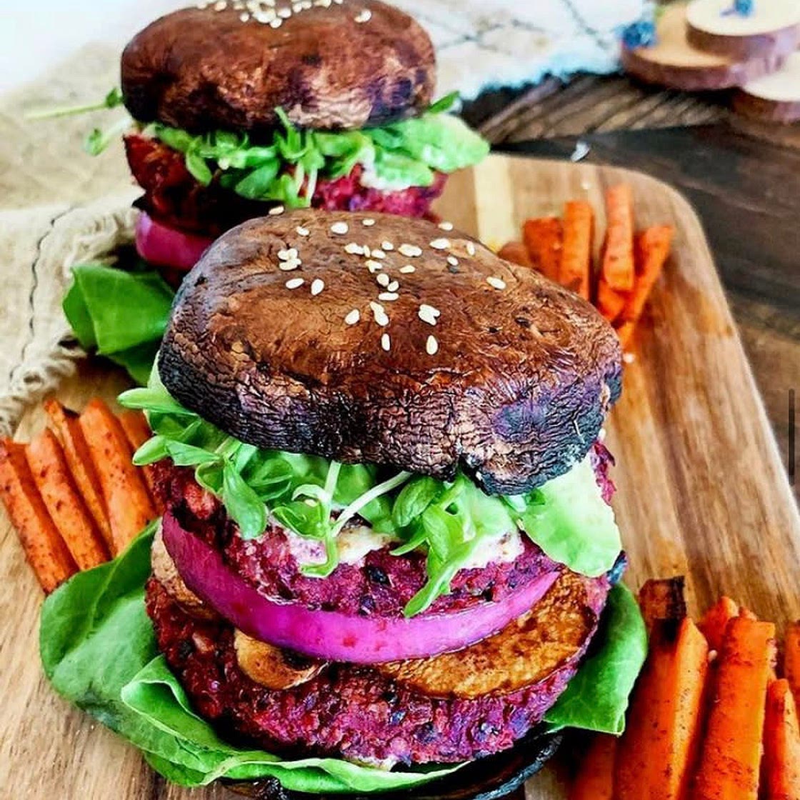 Double Decker Burger w/ Portobello Bun by @veganbunnychef 