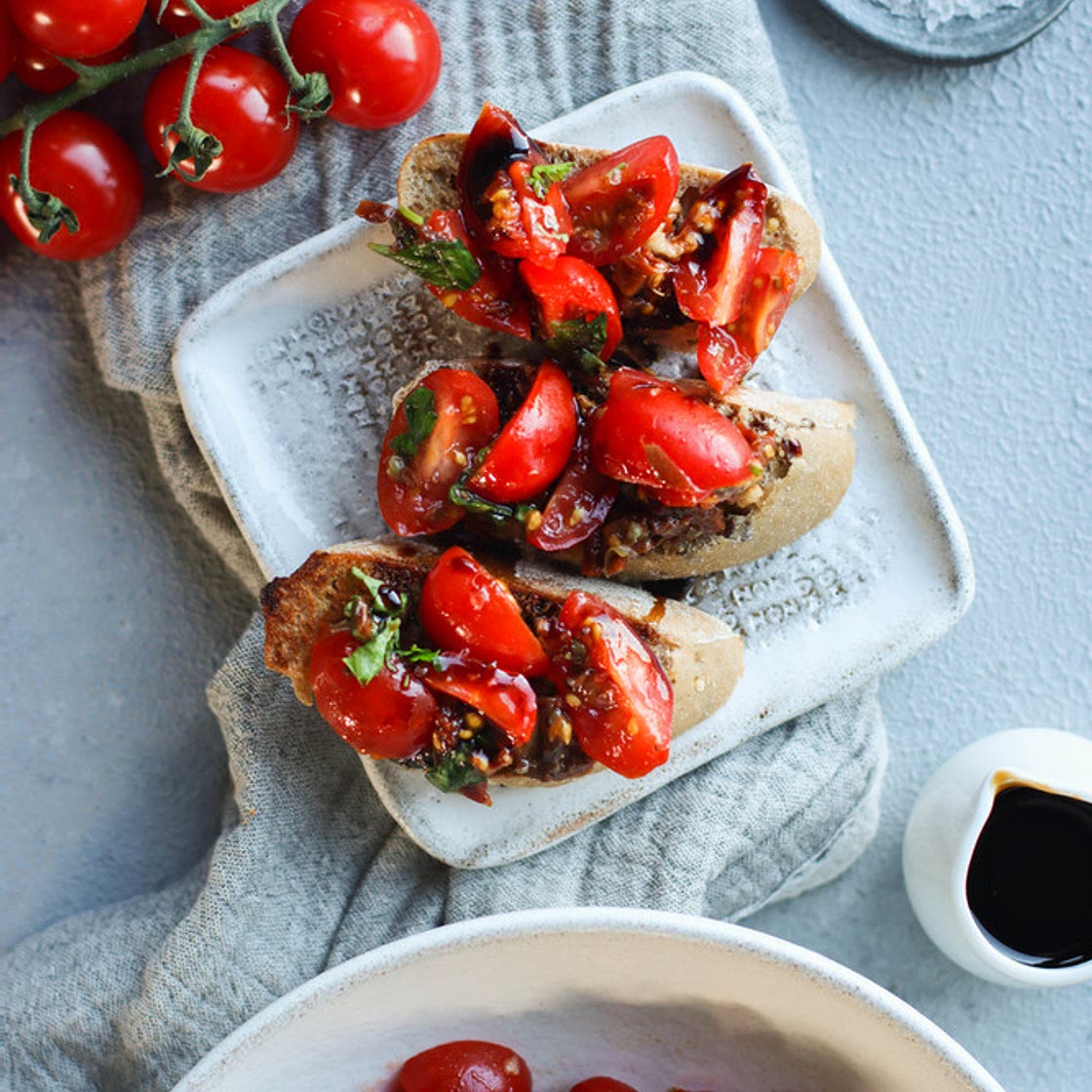 Double-Tomato Bruschetta with Balsamic Reduction