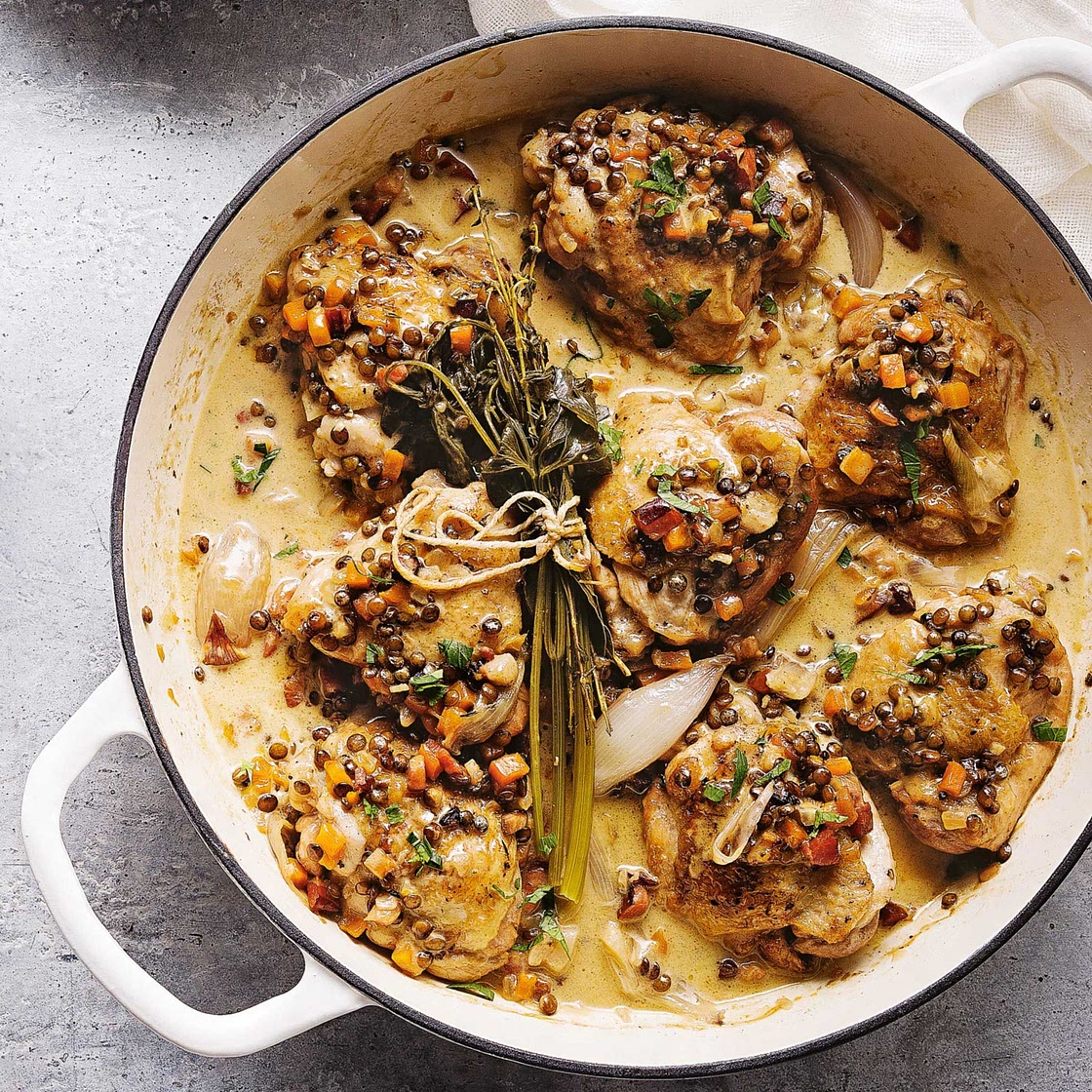French-braised chicken and lentils