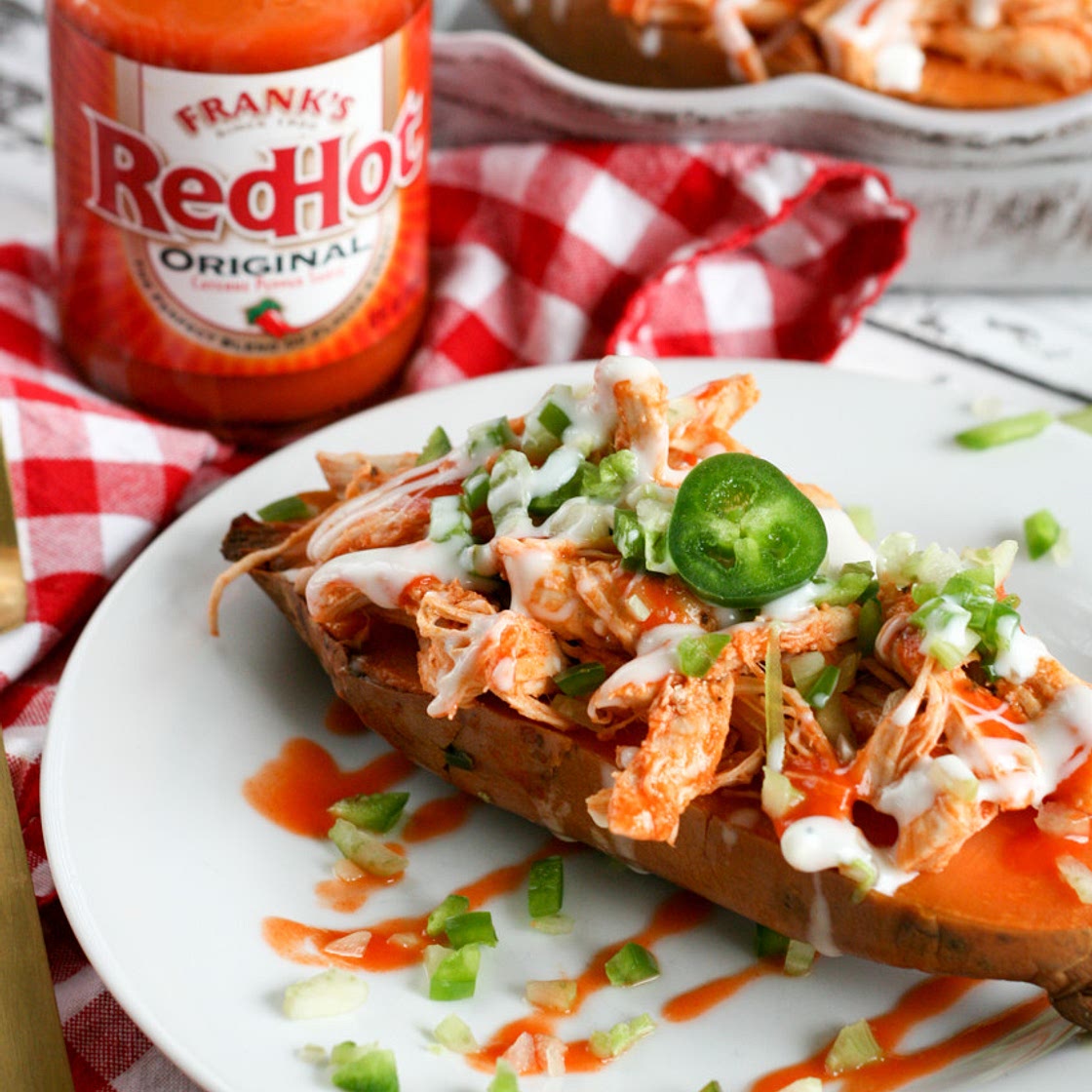 Easy Instant Pot Buffalo Chicken Stuffed Sweet Potato