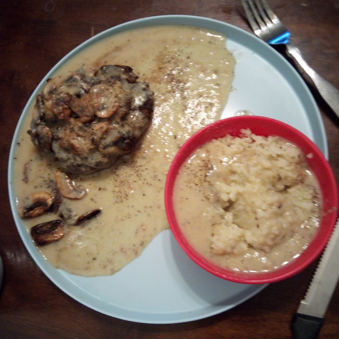 Hamburger steak with cauliflower potatoes and a mushroom gravy