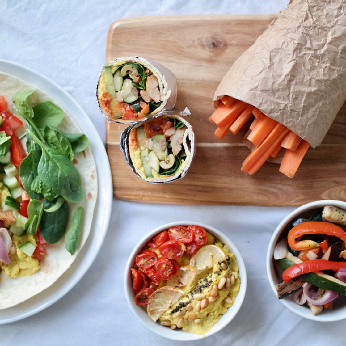 Roasted Mediterranean Veggie 'Chicken' Wraps with Turmeric Hummus