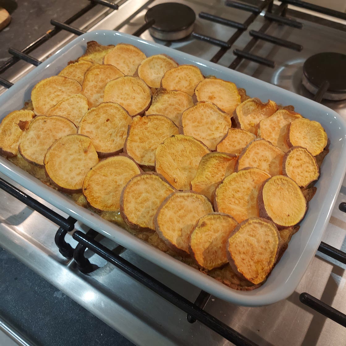 Sweet potato, dahl and spinach gratin