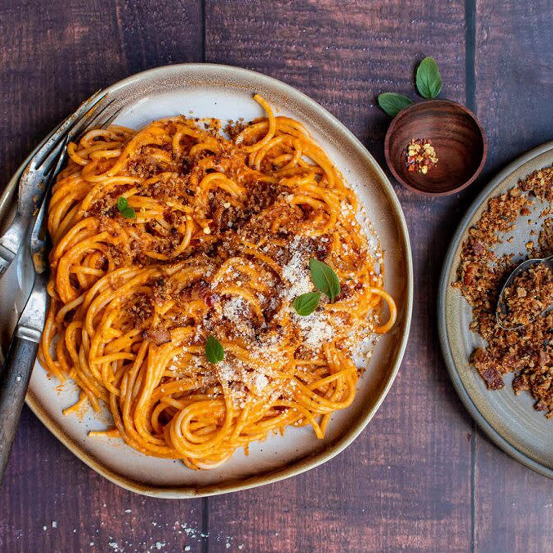 Spicy Pasta Alla Vodka with Bacon Pangrattato