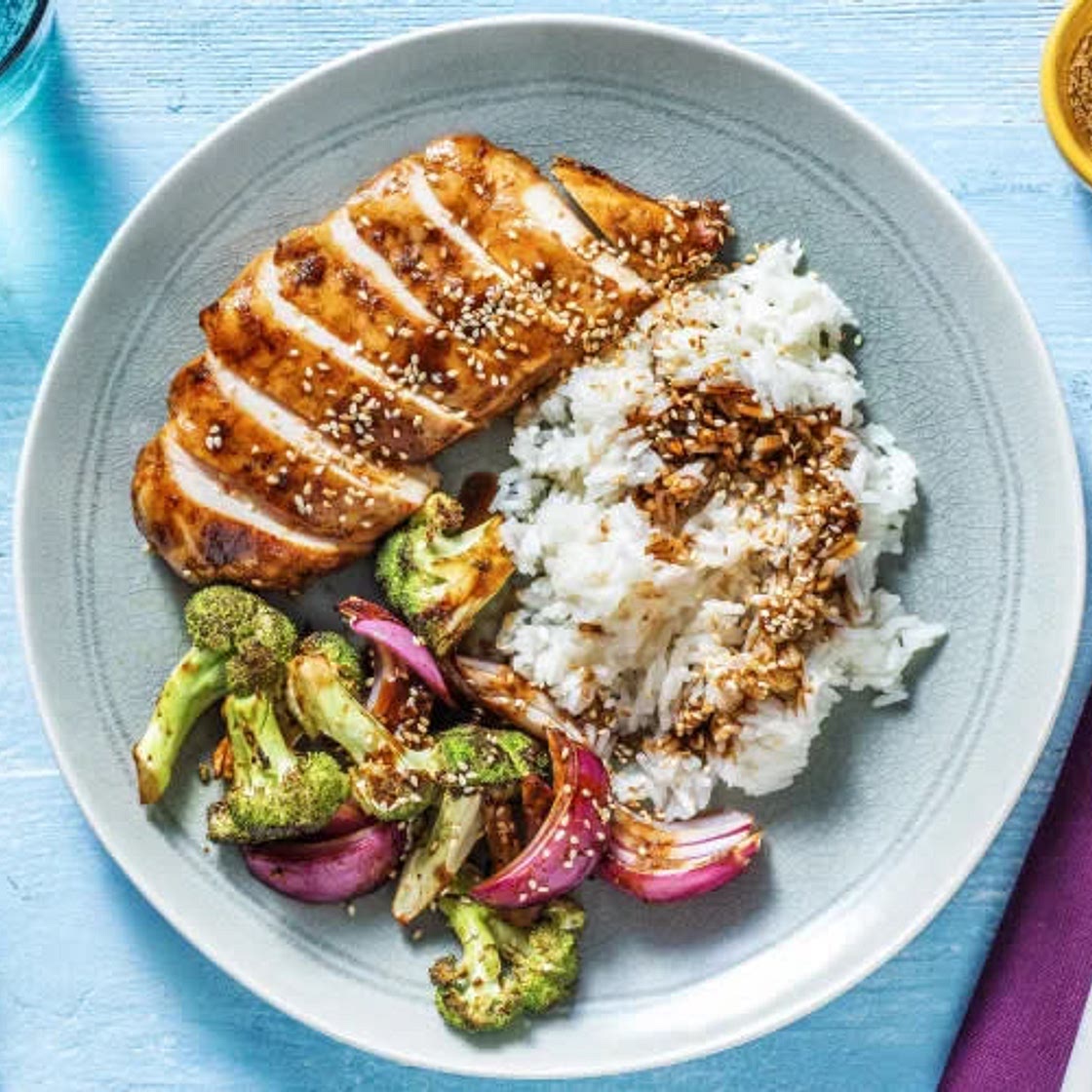 Hoisin Sticky Baked Chicken Breast with broccoli and red onion