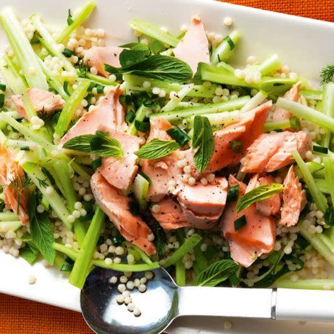 Pearl couscous salad with poached salmon