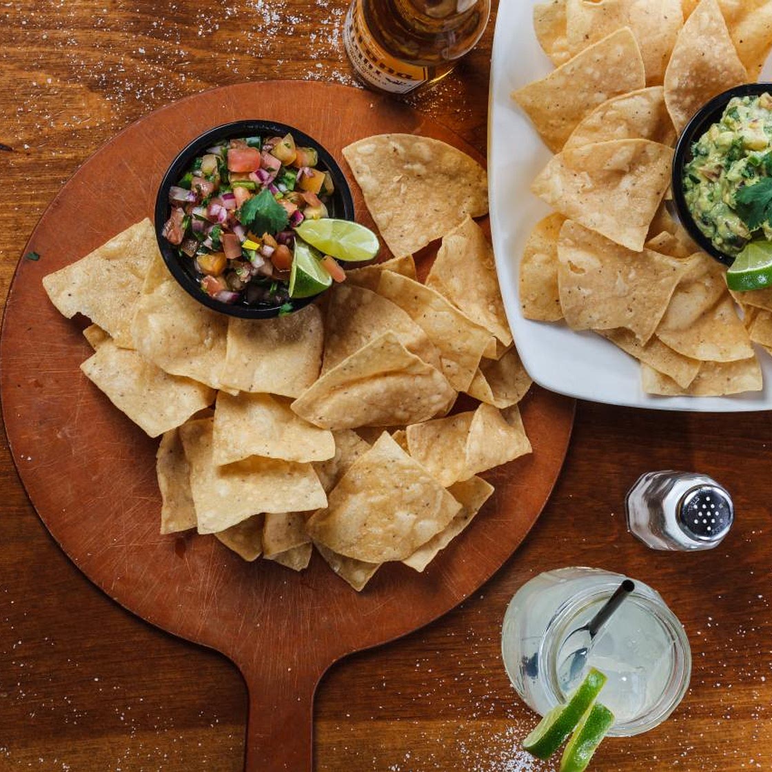 Homemade Tortilla Chips with Salsa Rosa, Verde & Pico de Gallo