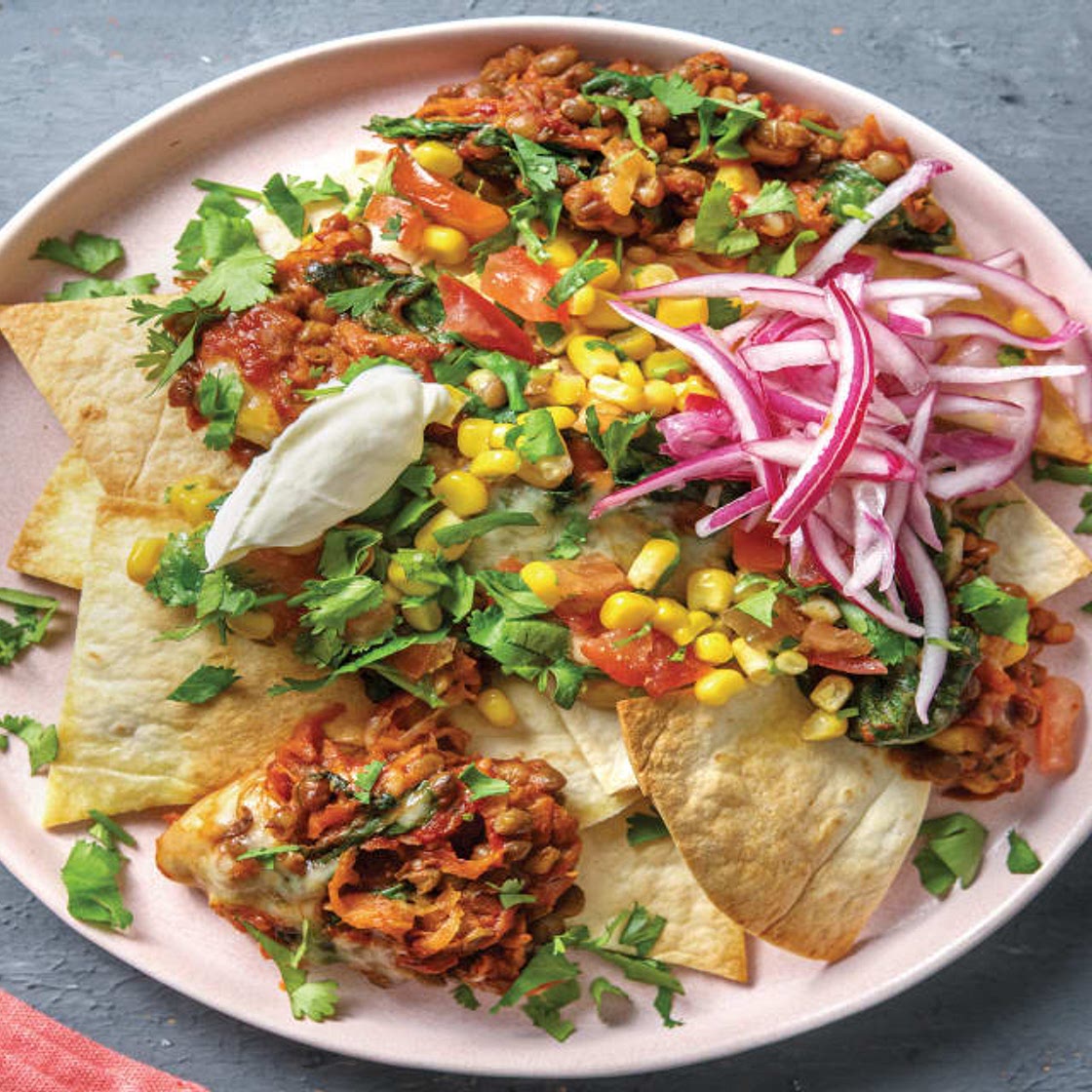 Loaded Lentil Cheesy Nachos with Corn Salsa & Quick–Pickled Onion