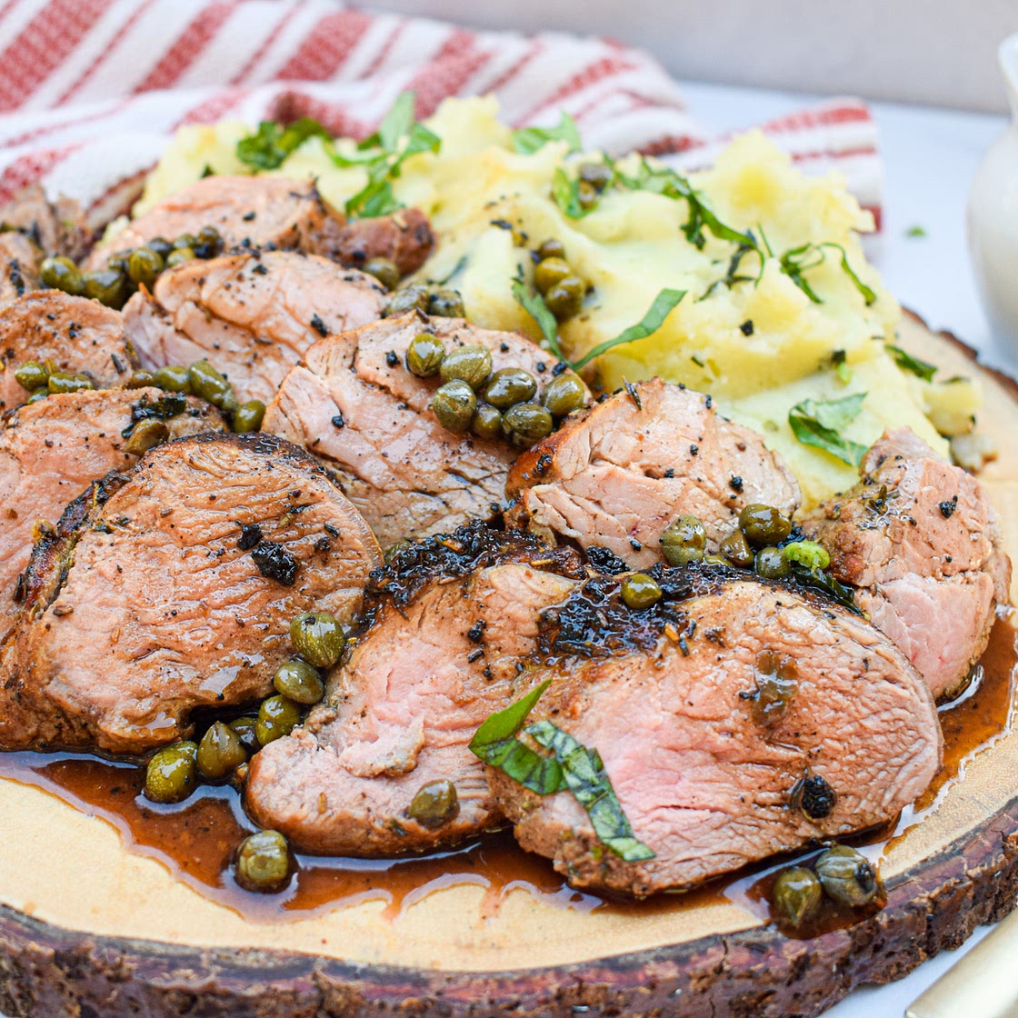 Whole30 Pork Tenderloin with Balsamic Caper Pan Sauce and Basil, Truffle Mashed Potatoes